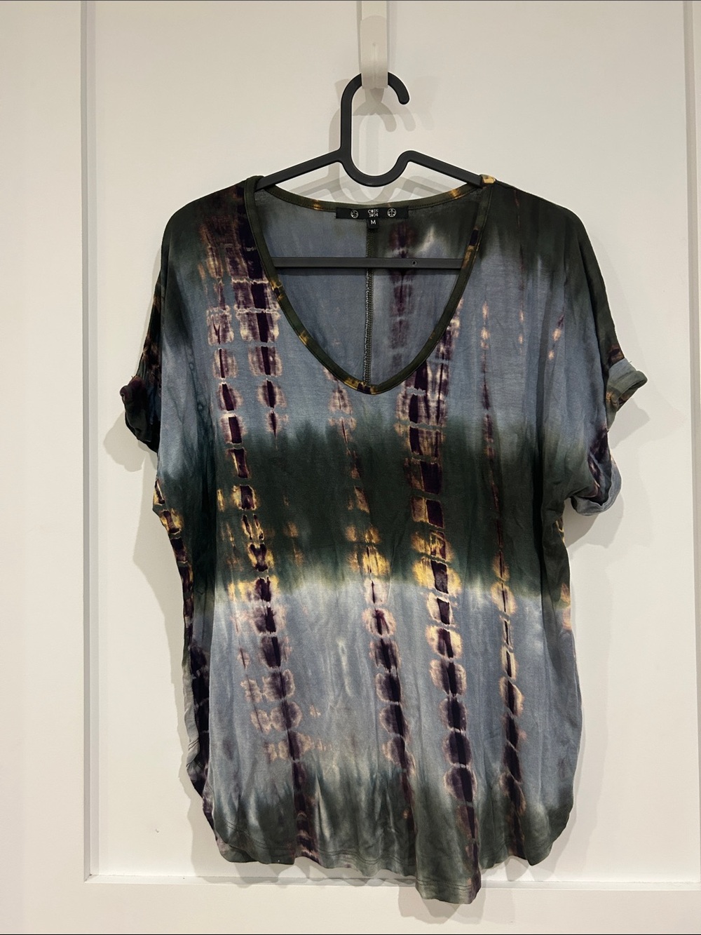 V-Neck Short Sleeve Tie-Dye Tee - Green, Gray & Yellow Accents